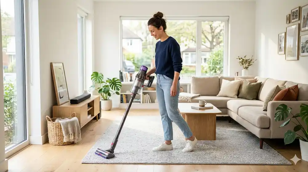 Mulher de 30 anos limpando a sala de estar com aspirador vertical Electrolux PowerSpeed Ultra STK15