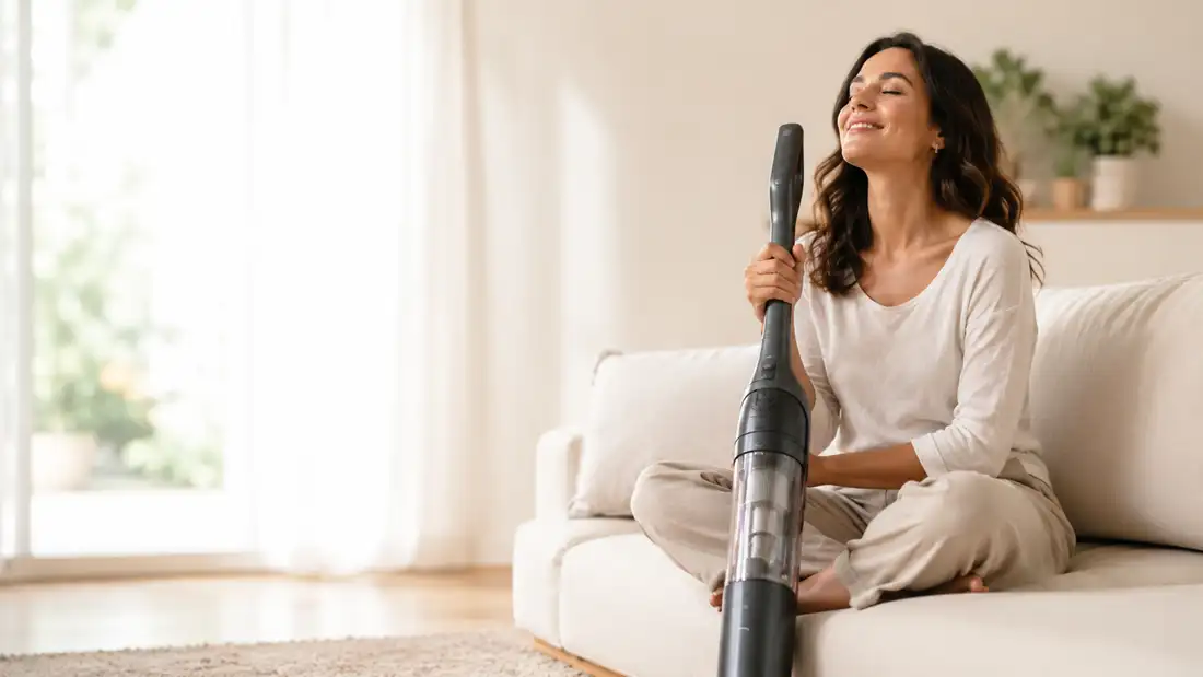 Mulher de trinta anos com expressão de alívio e sorriso discreto respirando ar puro em uma sala de estar clara, limpa e ensolarada.