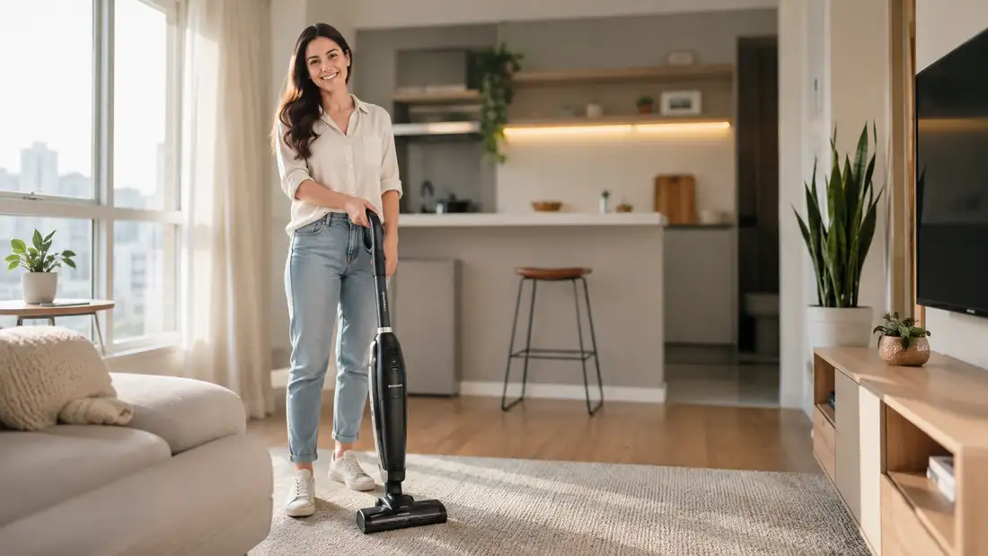 Mulher de trinta anos usando aspirador vertical compacto para limpar o chão de um apartamento pequeno e organizado.