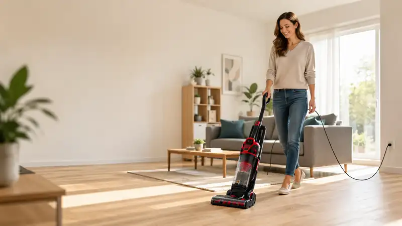 Mulher sorrindo limpando a sala de estar com um aspirador vertical com fio potente de 2026.