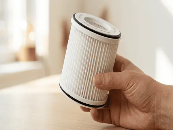 Filtro de ar HEPA branco de aspirador vertical mostrando as tramas de fibra de vidro limpas