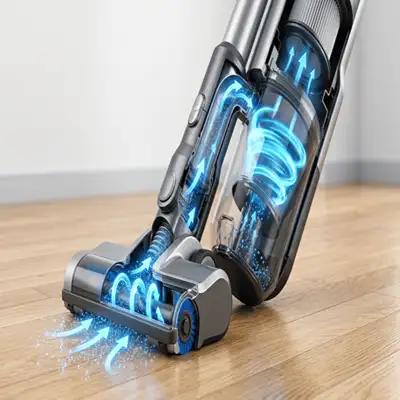 Corte técnico em 3D mostrando o fluxo de ar e o vácuo ciclônico puxando a poeira do bocal de um aspirador vertical.