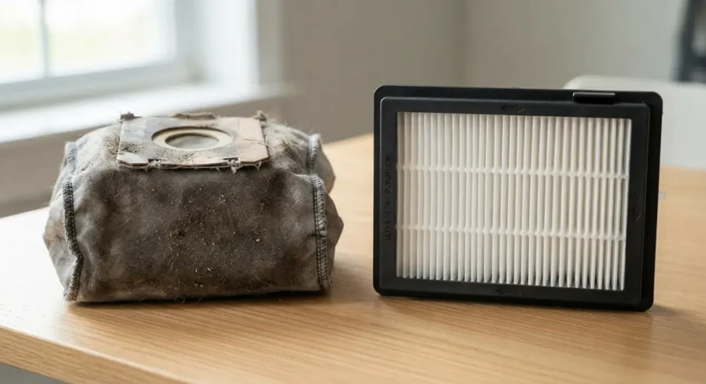 Comparação lado a lado de um filtro de aspirador de tecido comum e um filtro HEPA original com estrutura sanfonada.